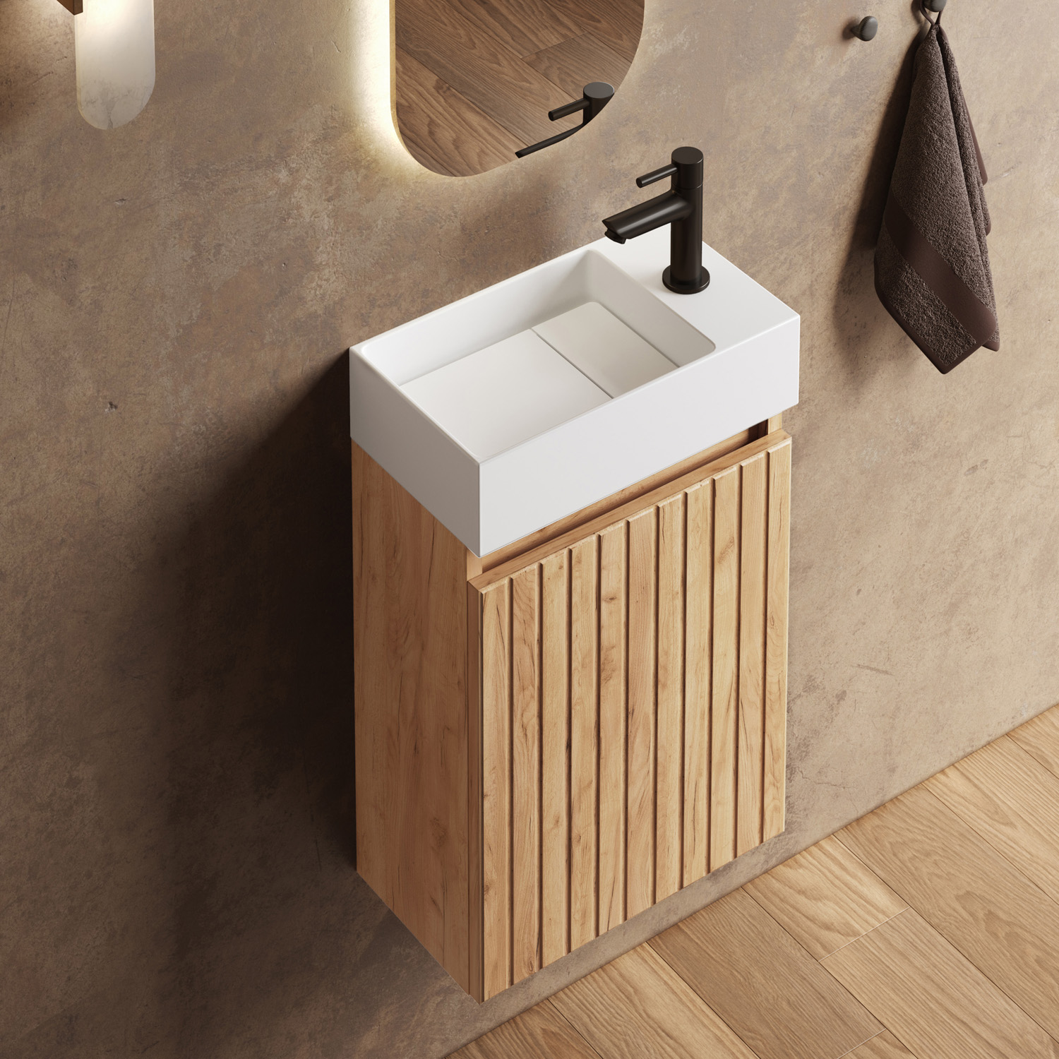Fontana Itsie toiletmeubel warm eiken ribbelfront 40cm met fontein in glans wit