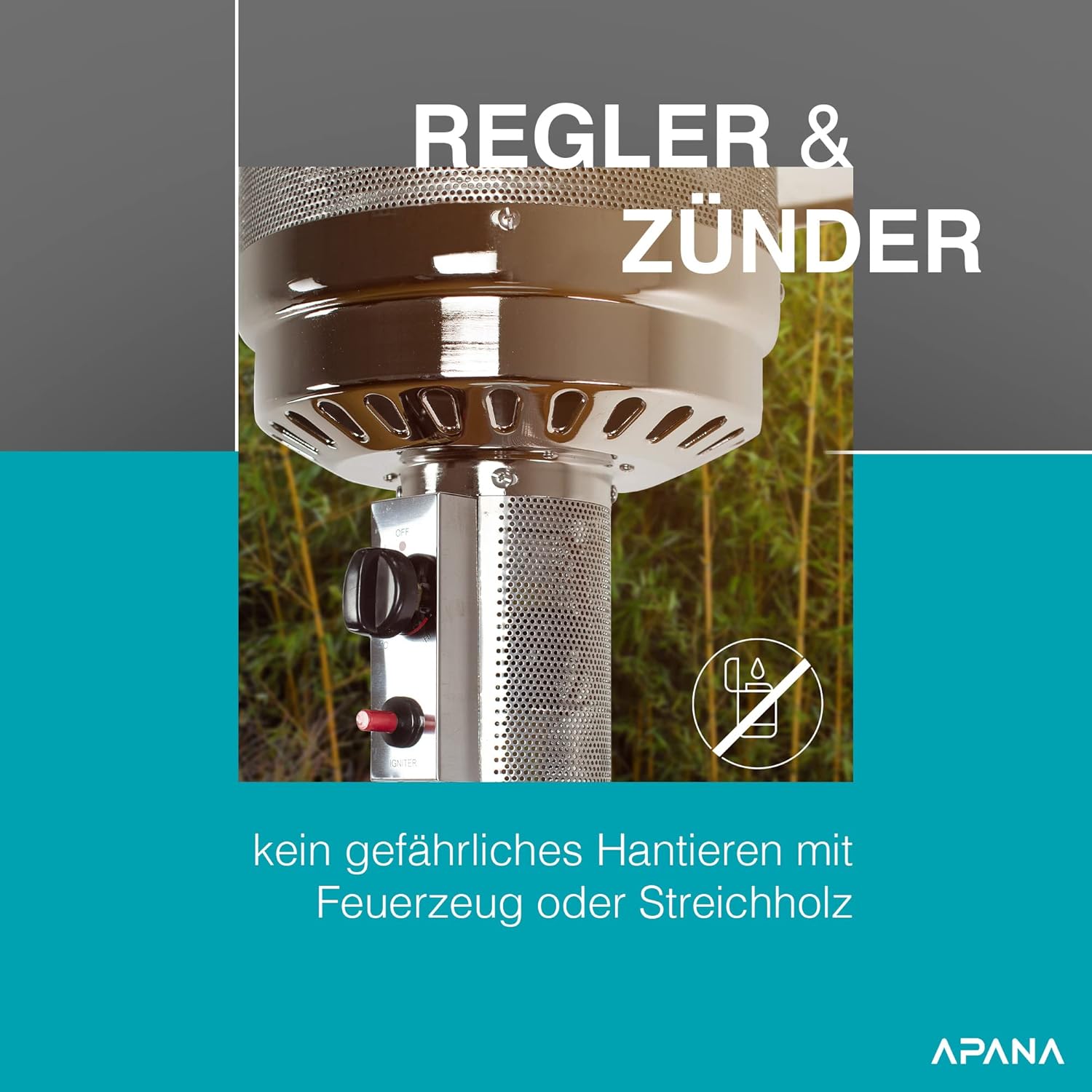 APANA 14kW Gas Heizpilz Bellamente ONE – Terrassenheizer mit Abschaltautomatik, Umkippsicherung, Gasheizstrahler für außen, Anthrazit, Outdoor Heizstrahler, Transportrollen Balkon Garten