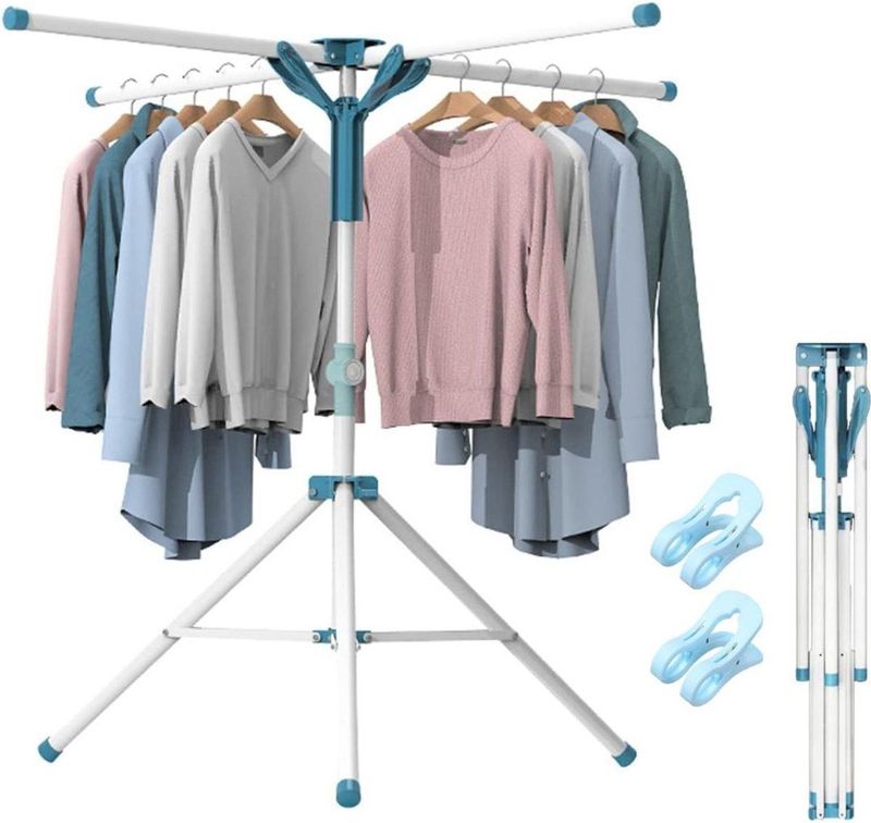CRLYN® Droogmolen met Voet voor Camping & Thuis - Wasrek Staand - Droogrek Inklapbaar - Wit en Blauw