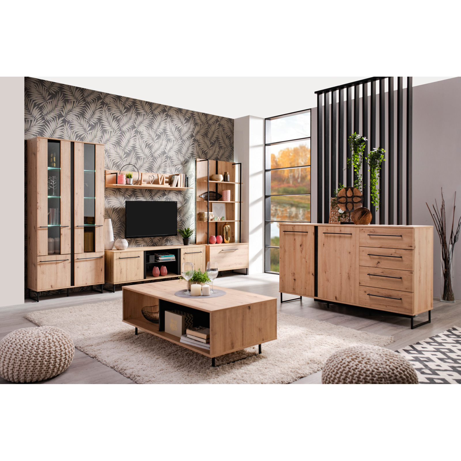 TV-Möbel Sardinia Melamin Artisan schwarz 171 x 54 x 42 cm