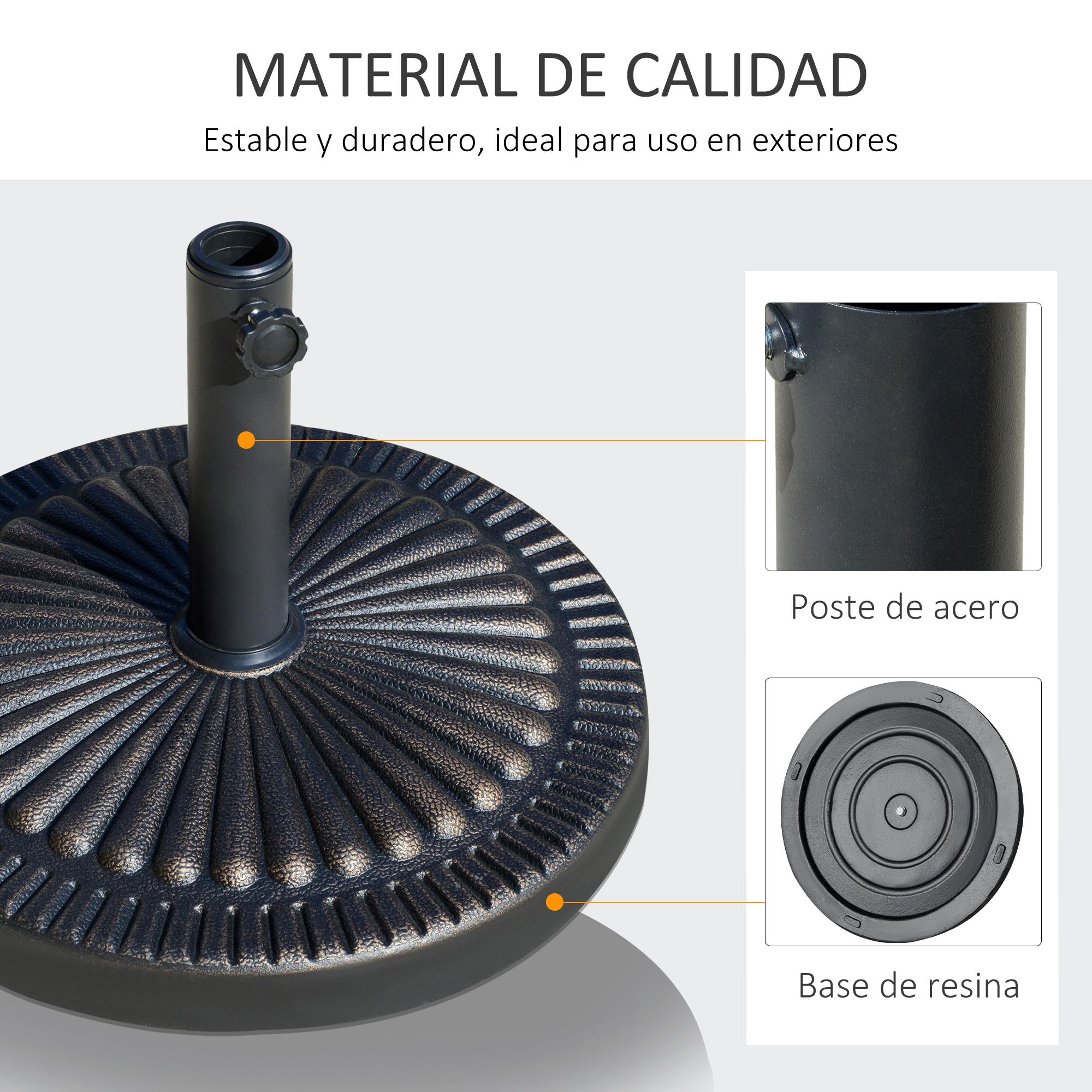 Base para guarda-sol de jardim Outsunny, peso líquido 14,28 kg, suporte redondo para guarda-sol, adequado para hastes de 38 mm/48 mm, resina e aço, para terraço, pátio ou área externa, Ø48,5 x 33 cm, bronze.