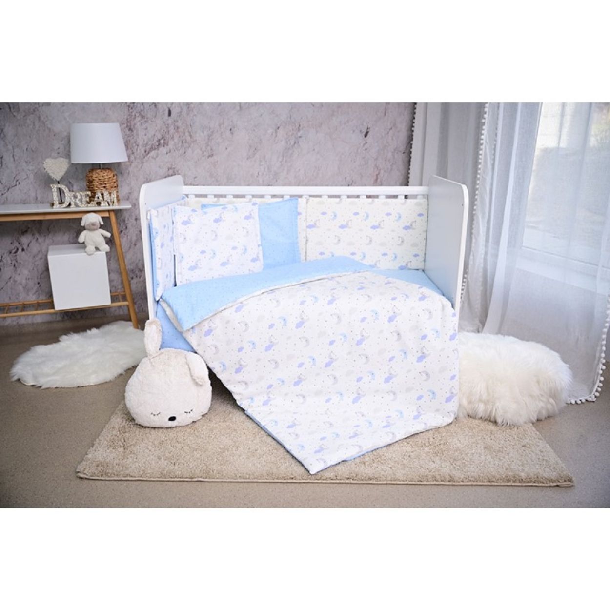 Lorelli Babybettwäsche Set Smile 6-teilig Decke 140x95 Kissen 43x35 Bett 120x60 blau