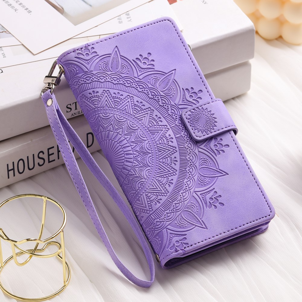 Samsung Galaxy A54 5G Leder Tasche Flip Cover mit Reissverschluss - Mandala Flowers Imprint - Lila