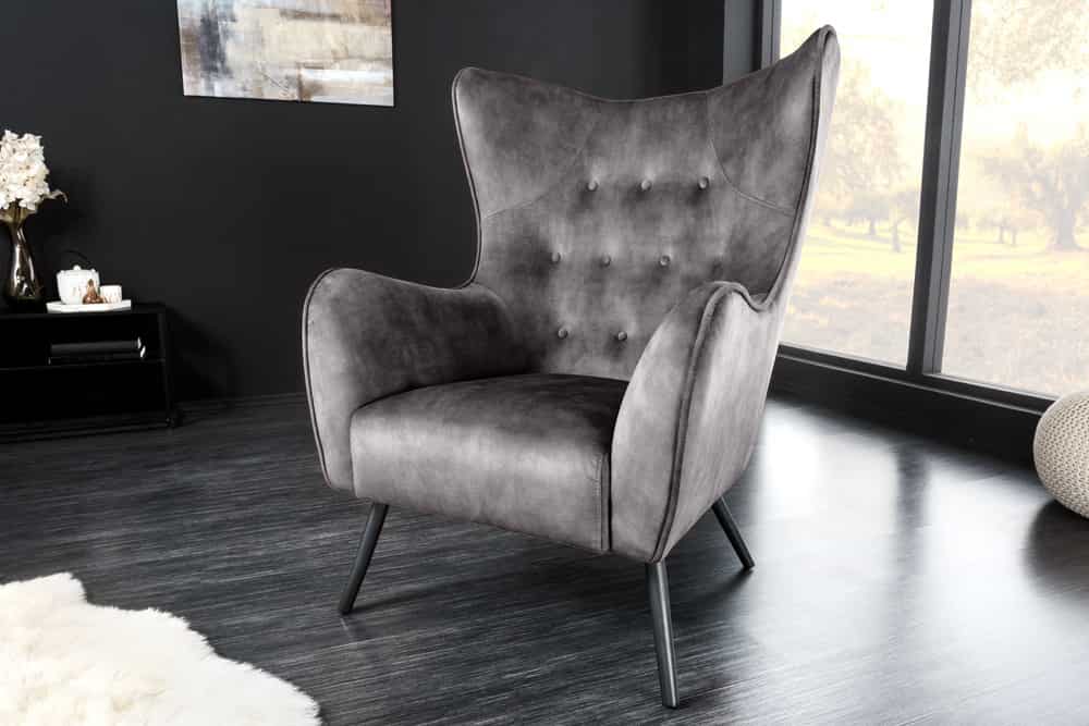 Design XL Sessel AMSTERDAM grau Samt schwarze Metallbeine Retro Stil