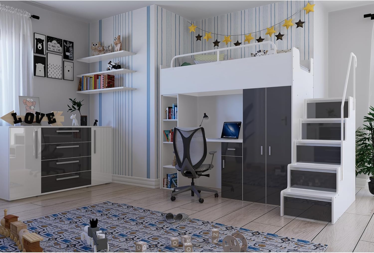 Hochbett JSM-4 90x200 mit Kleiderschrank Schreibtisch und Treppe Hochglanz Kinderbetten Funktionsbett Etagenbett Stockbett Kinderhochbett Jugendhochbett (Weiß Glanz)