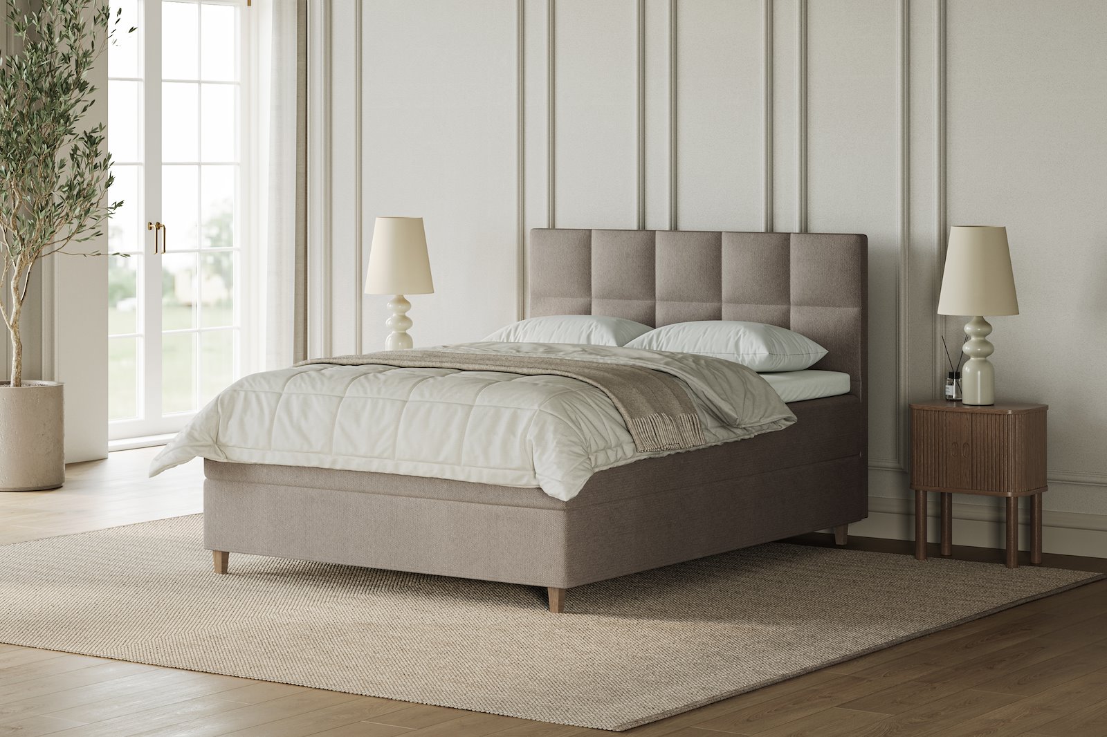 XOV Venus Kontinentalseng 180x200 cm i tekstil storm 09 beige, medium/medium med Premium 15 overmadrass og sort firkantede ben, gavl selges separate