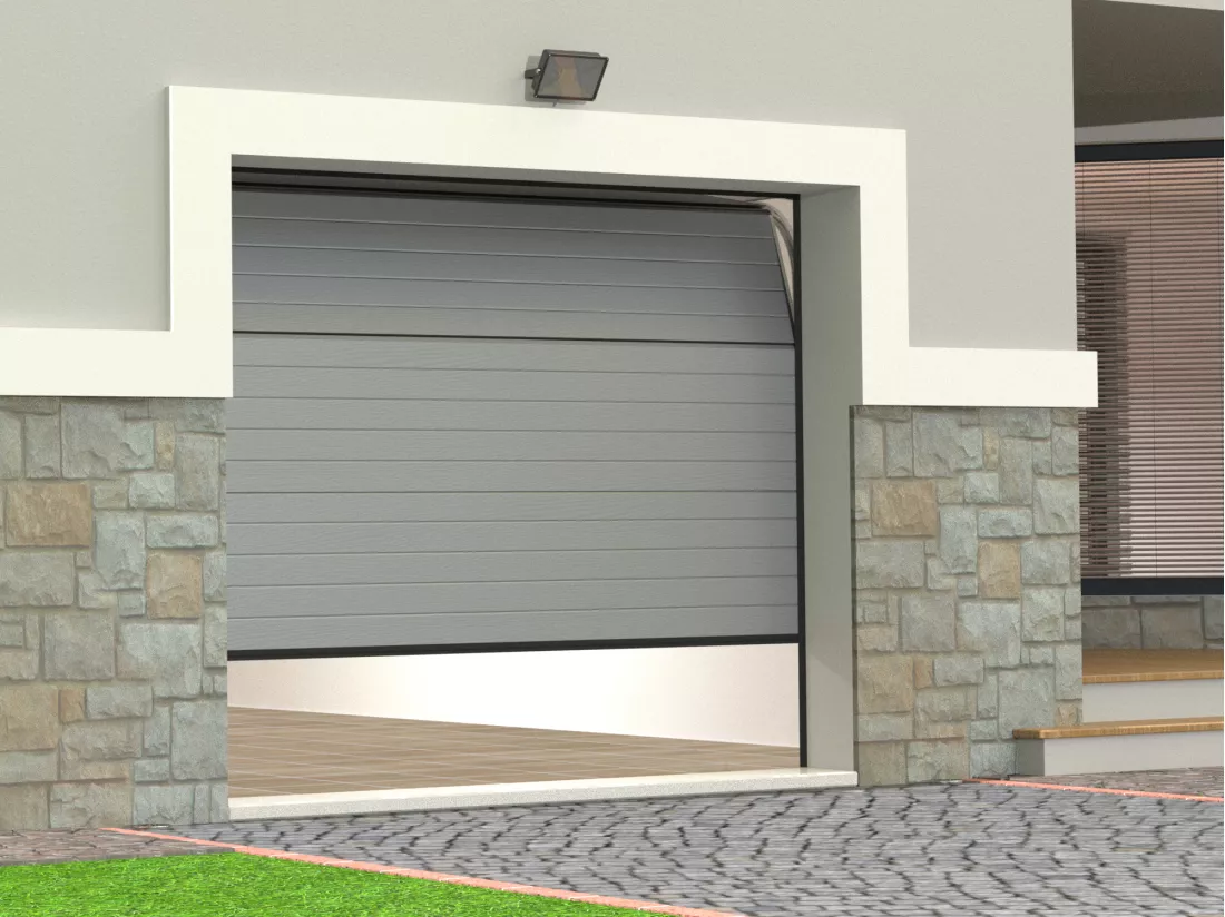 Porte de garage sectionnelle effet rainuré gris motorisée L254 x H218 cm - NORIA