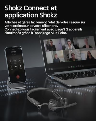 SHOKZ Casque à conduction osseuse OpenMeet UC, adaptateur USB-A, casque Bluetooth oreilles libres avec micro antibruit, écouteurs sans fil travail, appels, réunions, Bluetooth 5.4, autonomie 15 heures