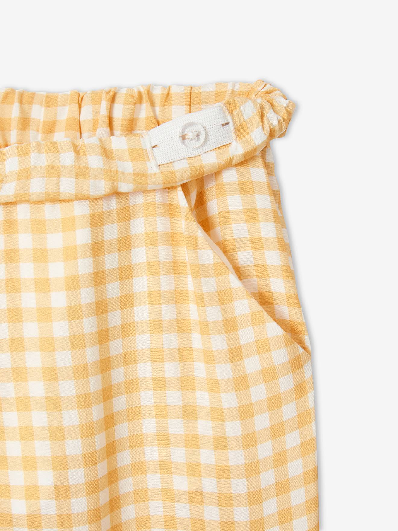 Calças curtas fluidas e estampadas para meninas, xadrez amarelo claro.