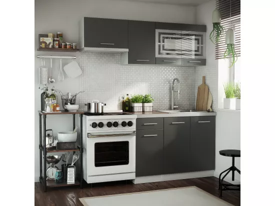 Cuisine GIOVANNA 5 éléments - graphite mat 1m80 - portes vitrées à motif