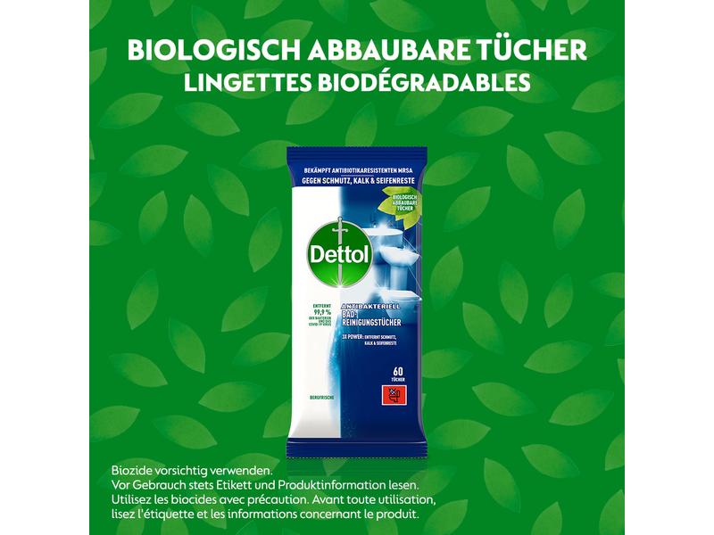 Dettol Bad-Reinigungstücher Bergfrische 60 Stück Antibakterieller Oberflächenreiniger für Bad und Toilette