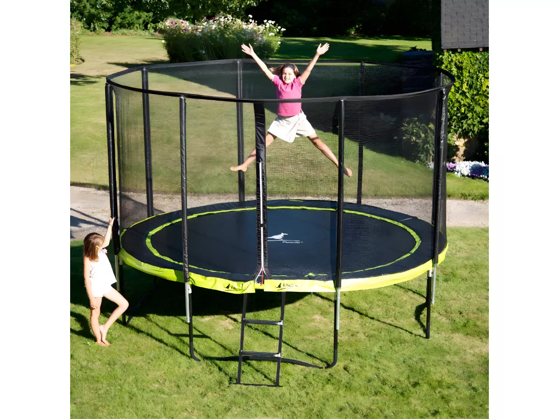 Kangui - Trampoline de jardin rond 430 cm + filet + échelle + bâche + kit ancrage | PUNCHI Vert 430