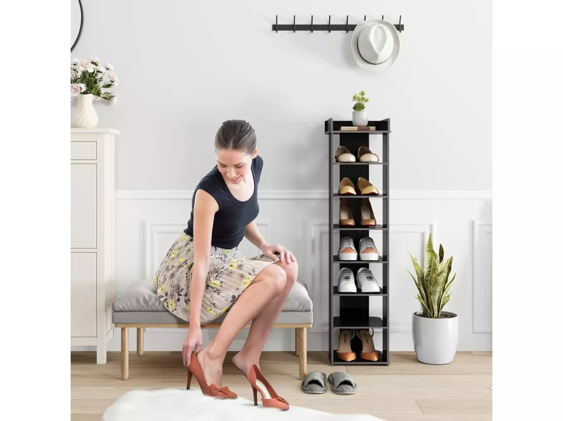Meuble à chaussures PVC 8 Niveaux,Armoire à Chaussures avec étagère réglable pour Entrée,Salon,Chambre - 26x25x111cm - Noir