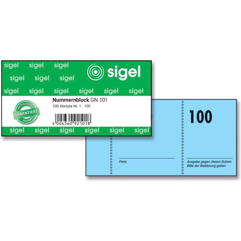 Bloc de tickets numérotés 1-100 - 105 x 50 mm - Couleurs assorties Sigel