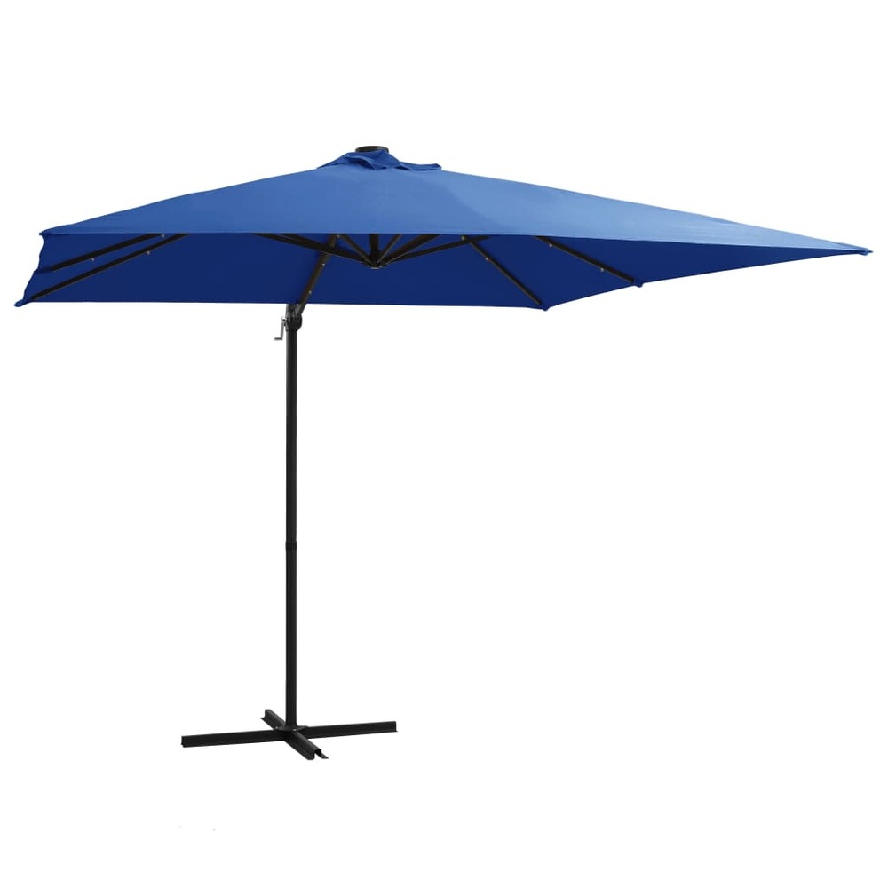 Parasol mobilier de jardin déporté avec led et mât en acier 250 x 250 cm bleu azuré