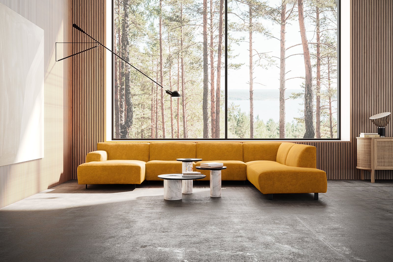 Vesta U-sofa Sjeselong venstre, 3-seter og åpen ende høyre. Big hjørnemodul, Tekstil Eros Mustard, sort metallben 10 cm, Comfort CM