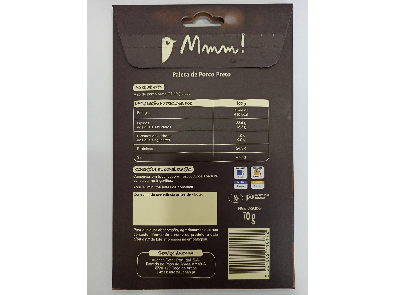 PALETA DE PORCO PRETO AUCHAN À MESA EM PORTUGAL CULTIVAMOS O BOM ALENTEJO 18 MESES CURA 70 G