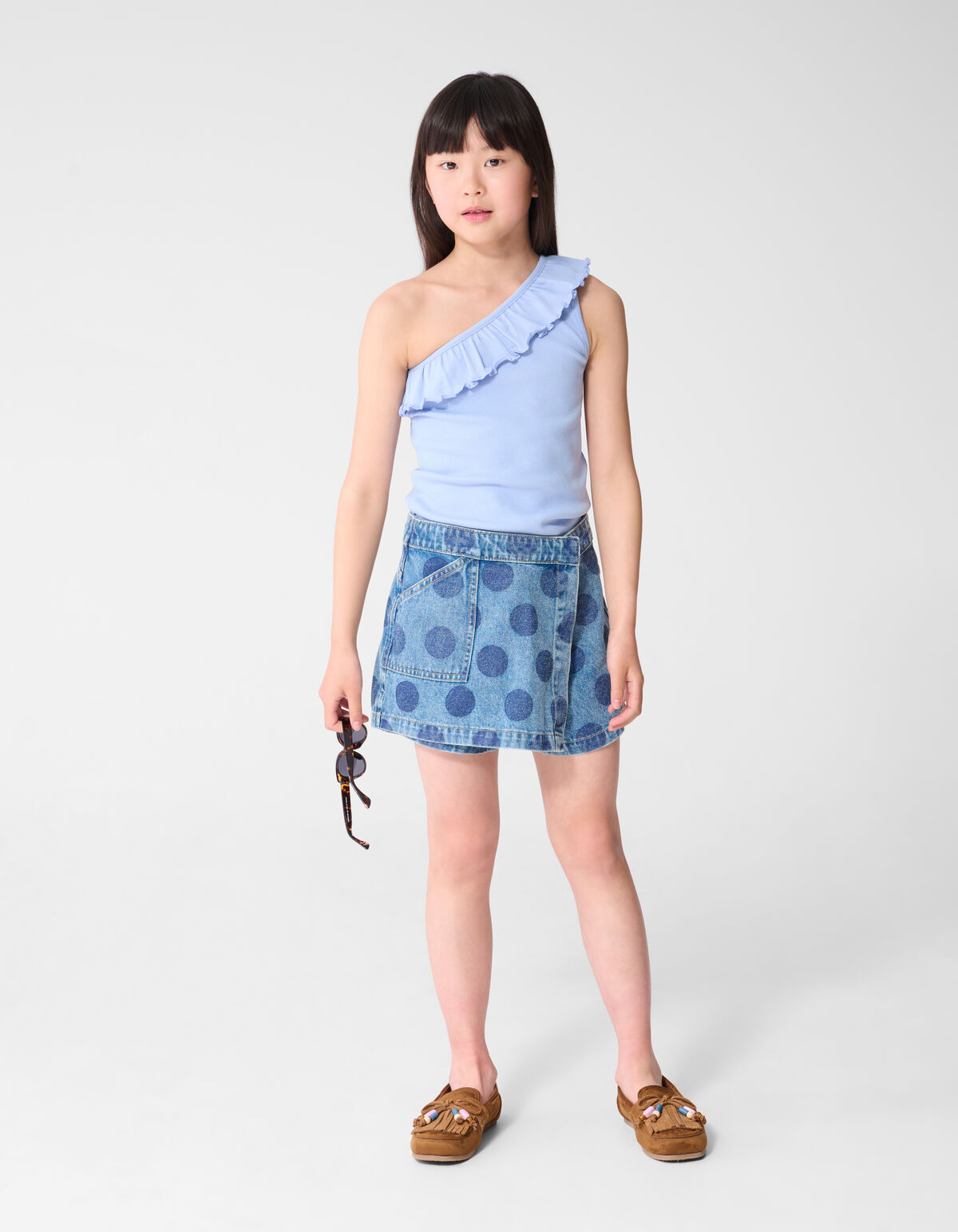 Polkadot Overslag Denim Skort Blauw