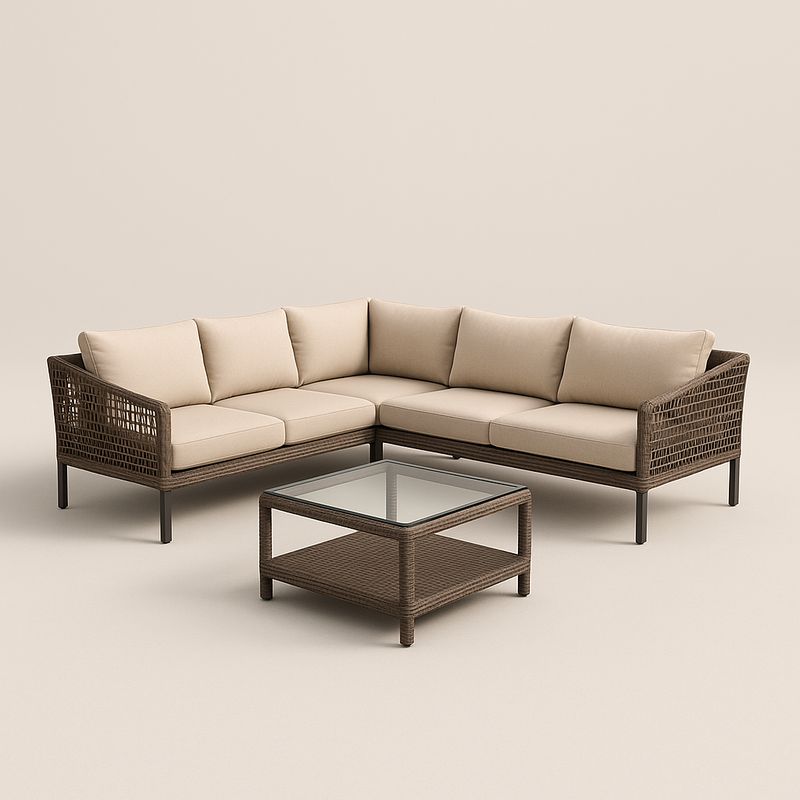 Ecksofa-Set Braun Polyethylengeflecht Beige Kissen Glasplatte