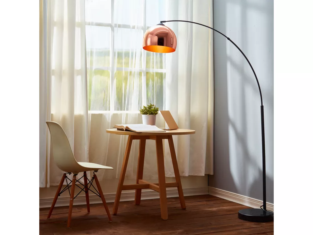 Lampadaire Arquer arc lampe de salon abat-jour rose doré pied marbre noir
