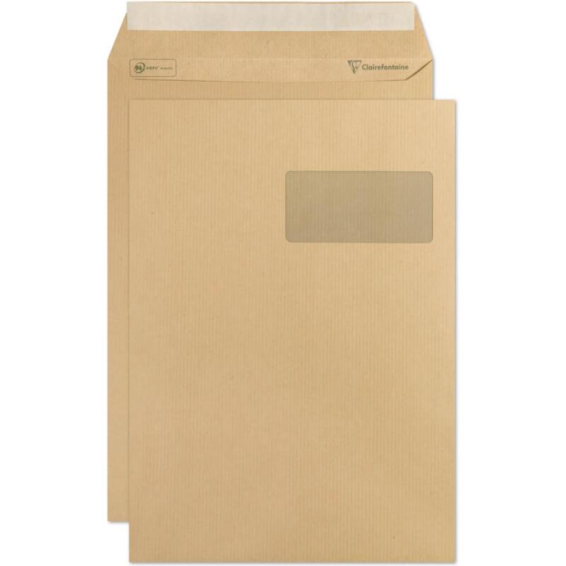 Boite de 250 Pochettes Kraft Milleraies Brun C4-229x324 mm - Auto-Adhésives - 90g/m2 - Fenêtre 50x100 (position 50/20) - Brun