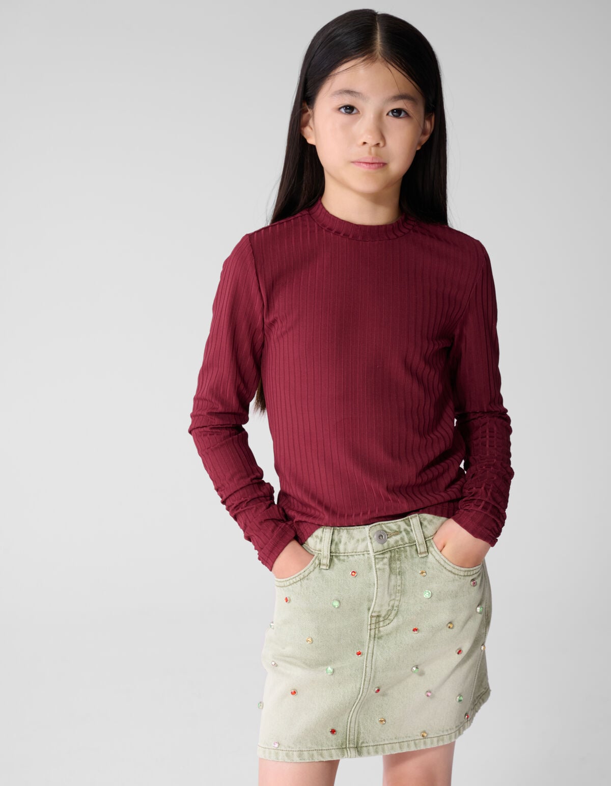 Puff Rib Longsleeve Top Donkerrood