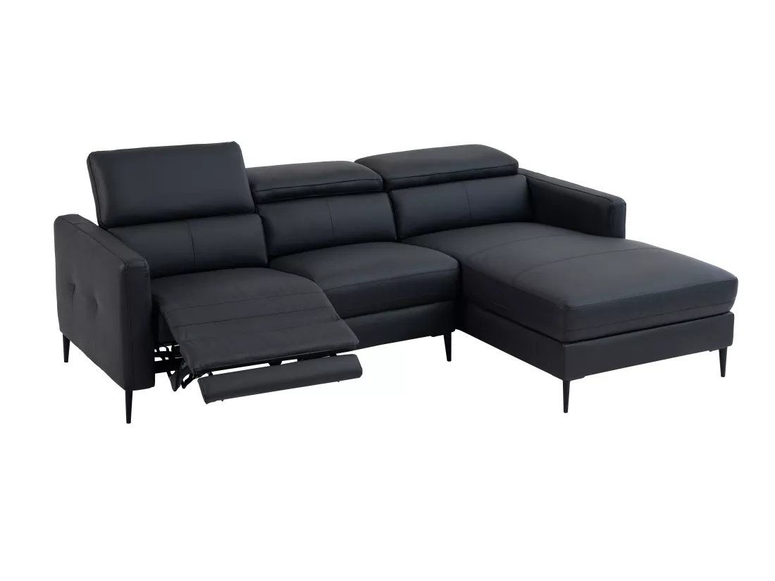 Canapé d'angle droit relax électrique en cuir noir FUSETA