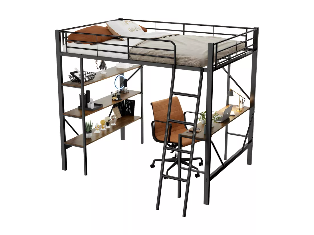 Lit mezzanine en fer - 90x200cm - avec bureau et 3 étagères - Noir