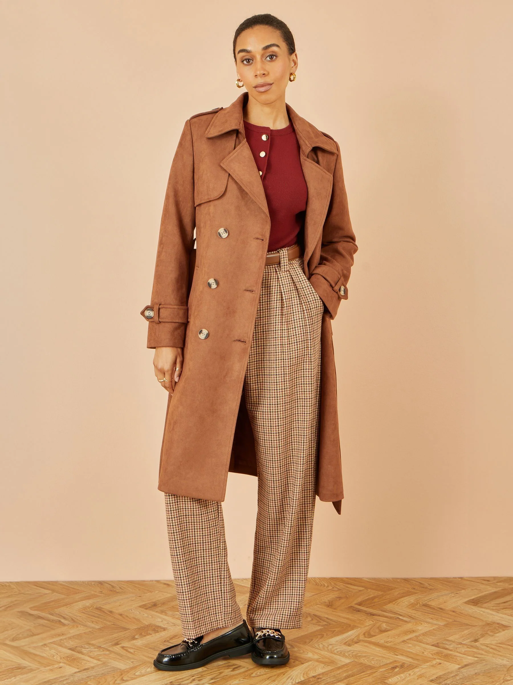 Bruin - Yumi Faux Suede Trench Coat