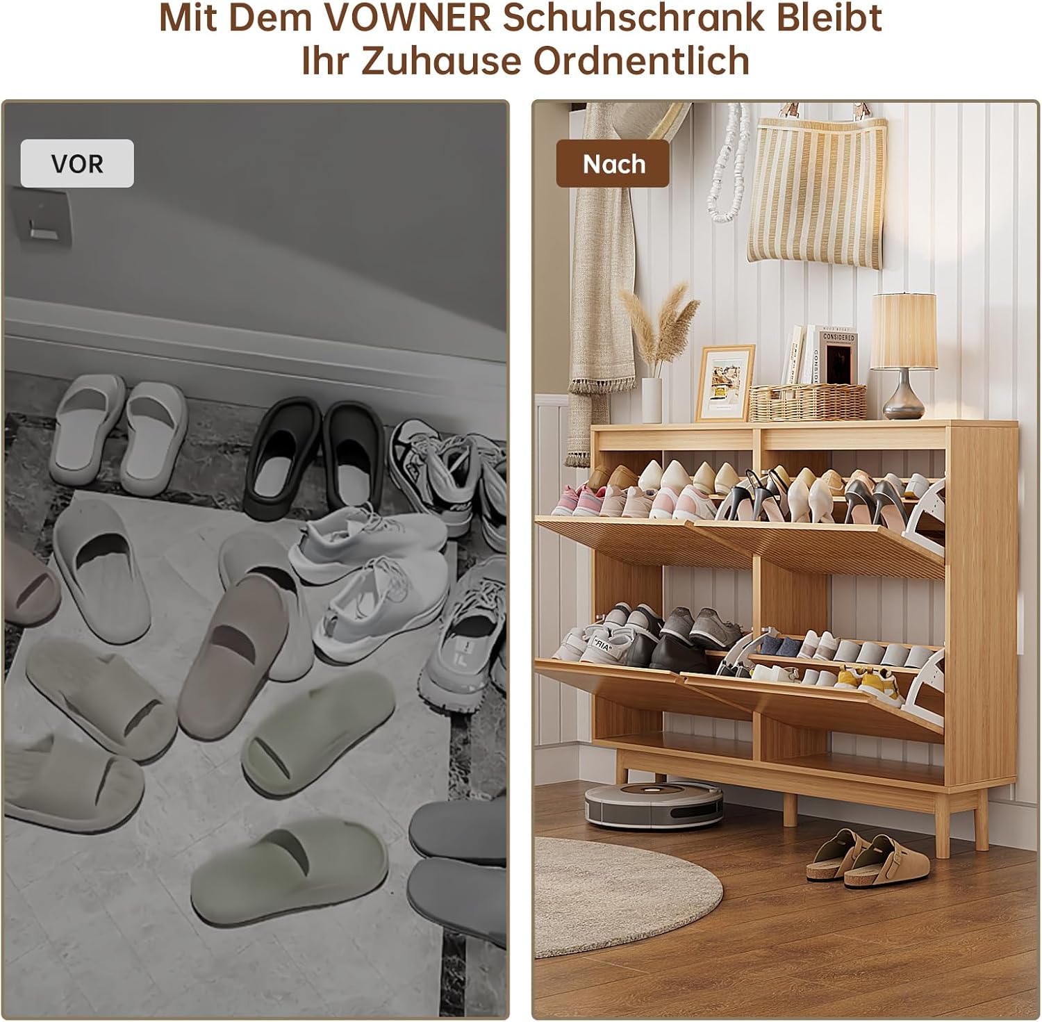 VOWNER Schuhschrank mit 4 Klappen, Versteckter Schuhschrank Schmal mit Flip Schubladen, Schuhregal Eingang für 16-28 Paar Schuhe, L120xT23.8xH98 cm