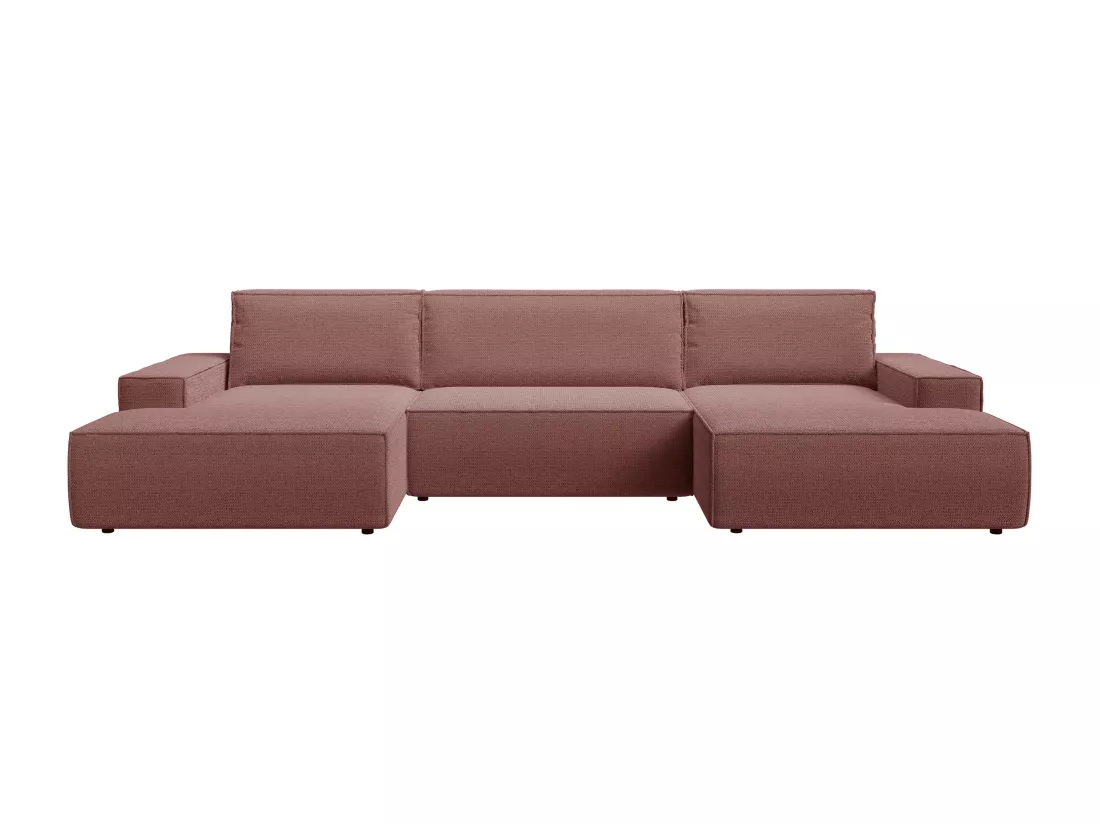 Grand canapé d'angle panoramique convertible en tissu texturé terracotta AMELIA