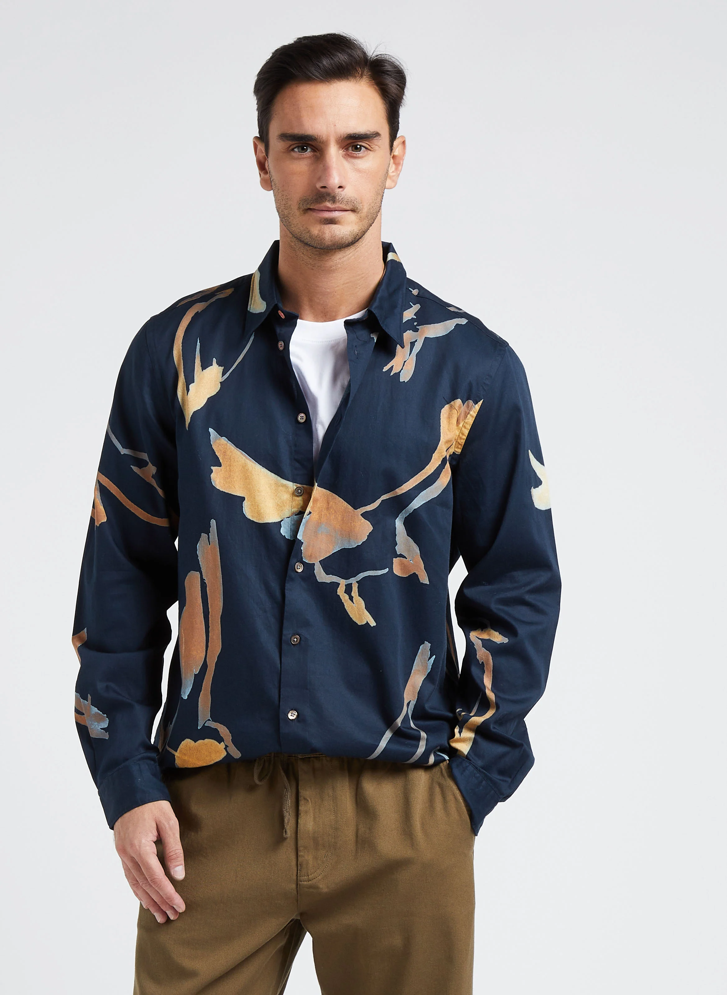 Chemise col classique regular-fit imprimé en coton| Bleu