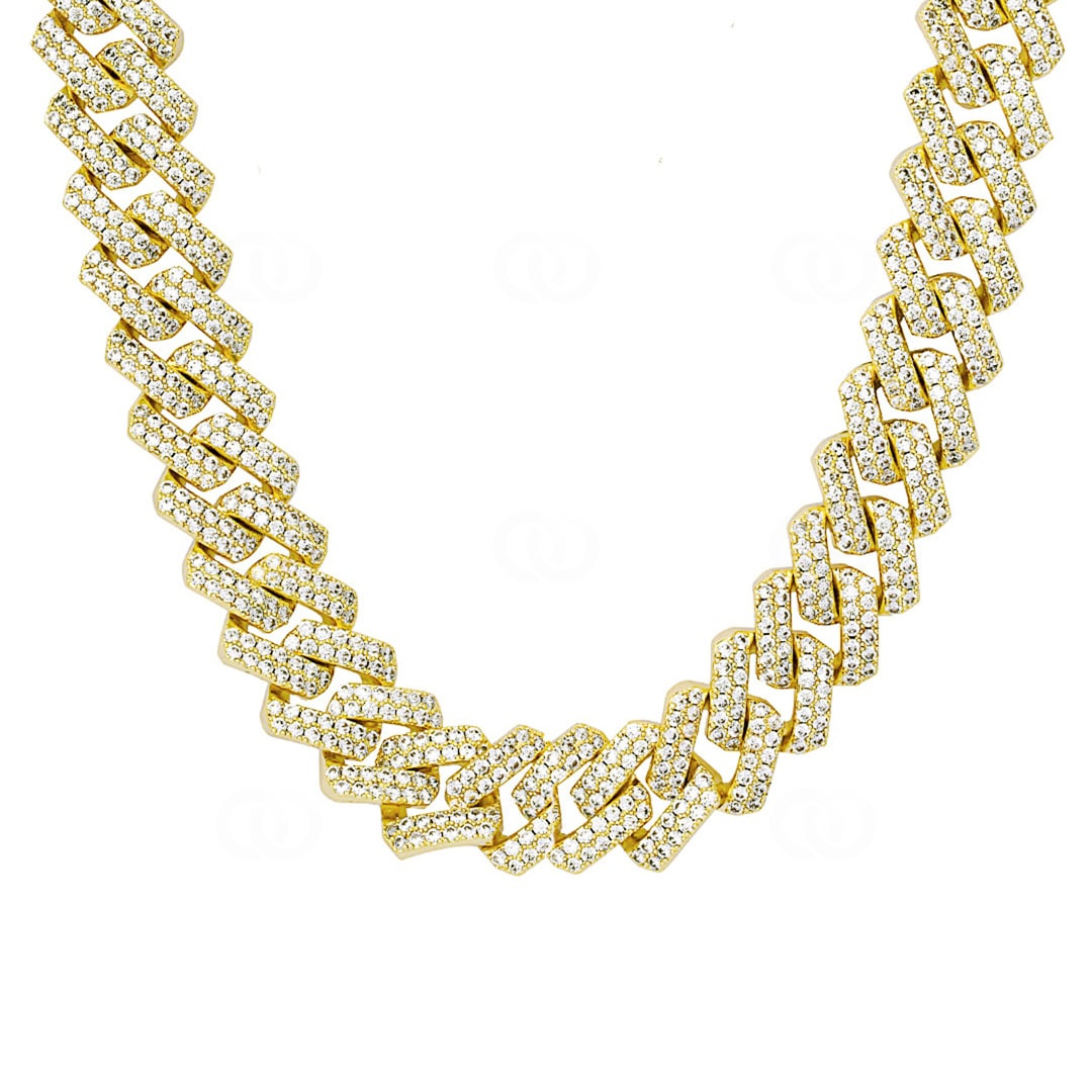 15mm Prong Cuban Link Panzerkette Gelb vergoldet mit Zirkonia