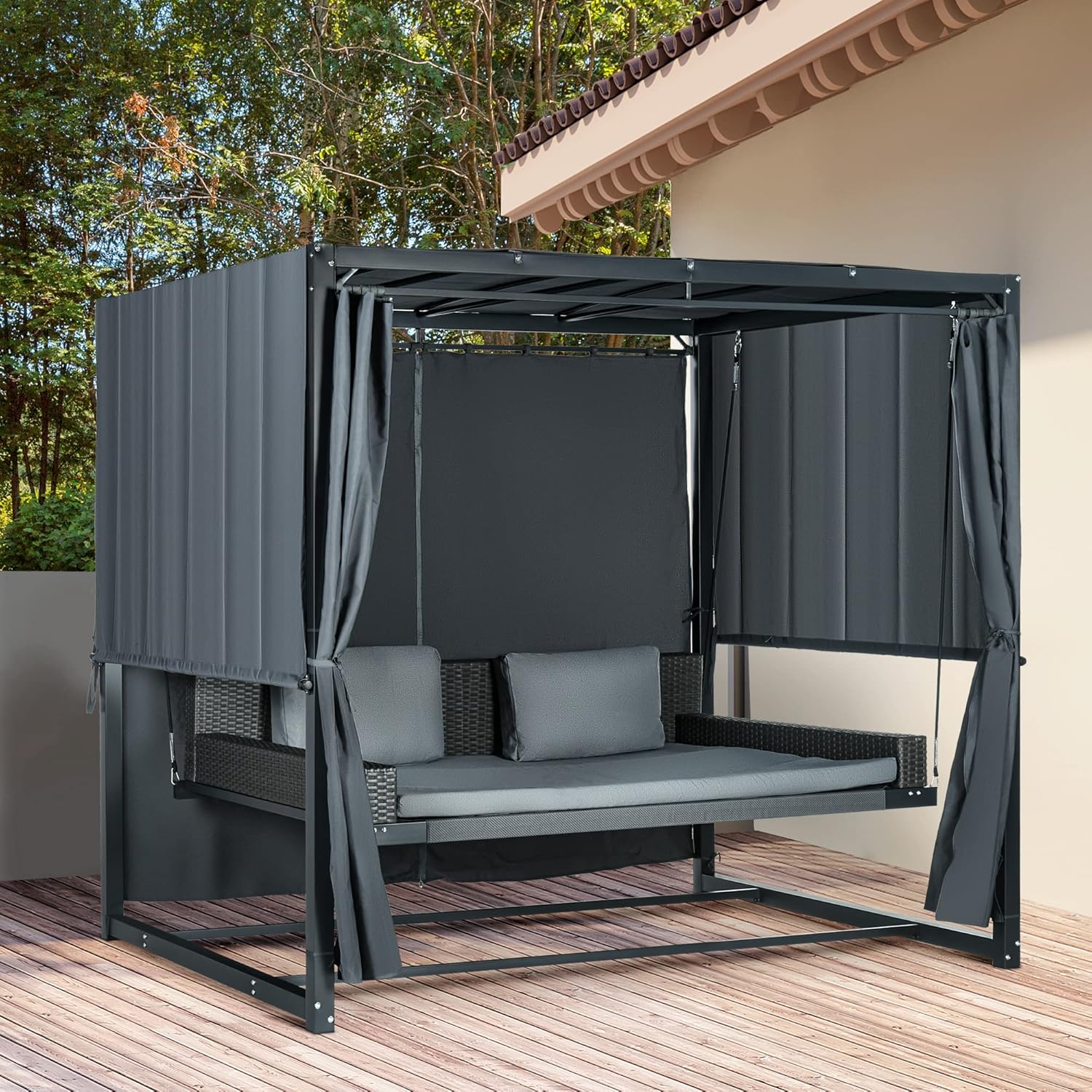 Outsunny Hollywoodschaukel mit Pergola, wetterbeständige Gartenschaukel mit Kissen, Schaukelbett für Balkon, Garten, 235 x 180 x 210 cm, Dunkelgrau