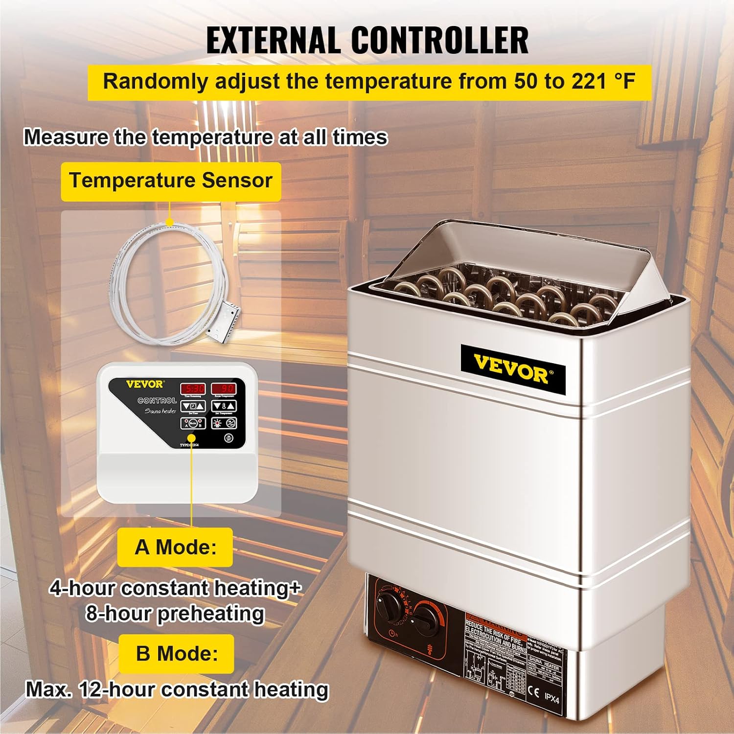 FlowerW Saunaofen 9 KW, Sauna Elektroherd 380 V - 415 V, Elektrischer Saunaofen 2 Modi (Temperatur, Zeit), mit Externem Steuergerät und 3M-Temperatursensor