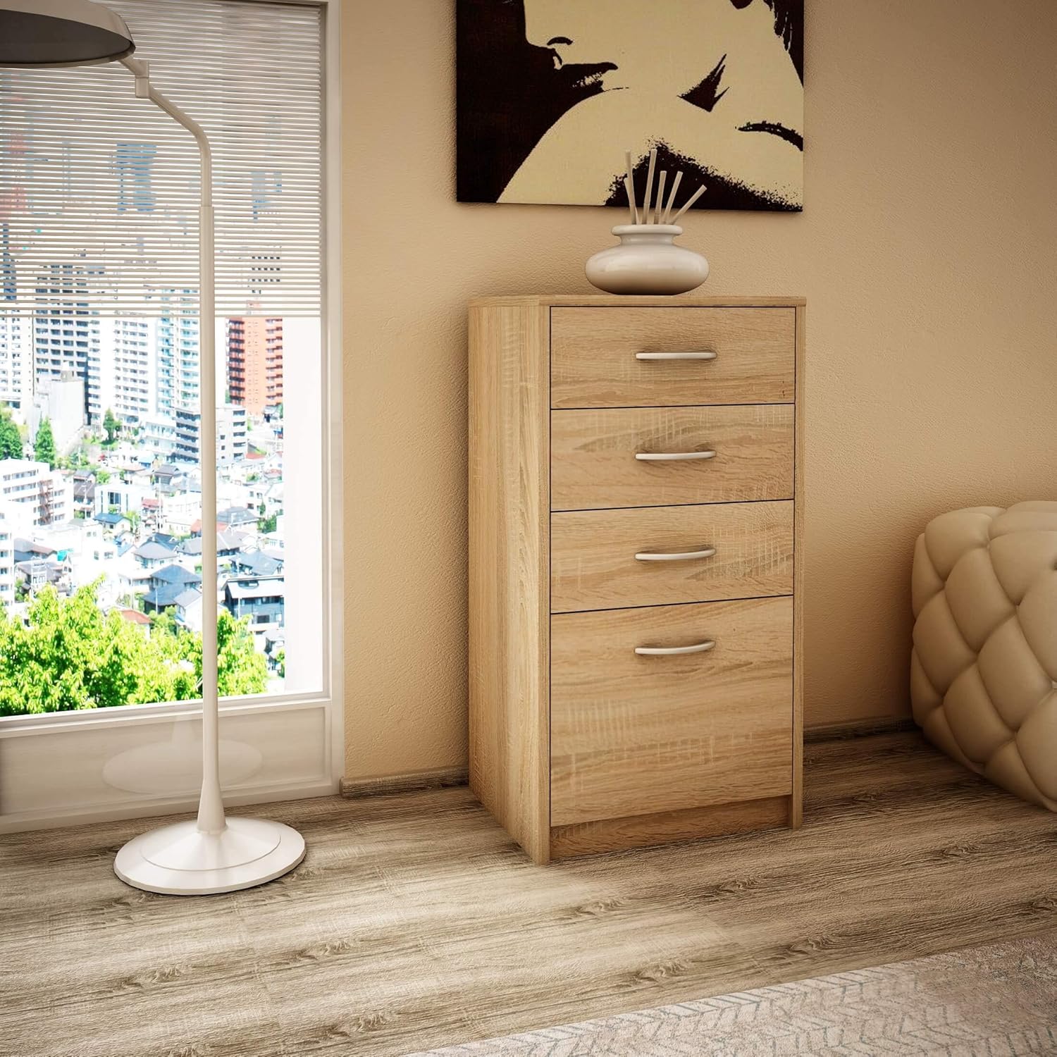 MATKAM Kommode mit Schubladen - Schrank mit 4 Drawers - geräumige Komode - solide Schubladenschrank H:85 B:45 T:35 cm - Kommode Schlafzimmer, Wohnzimmer und Flur Möbel - Sonoma Eiche