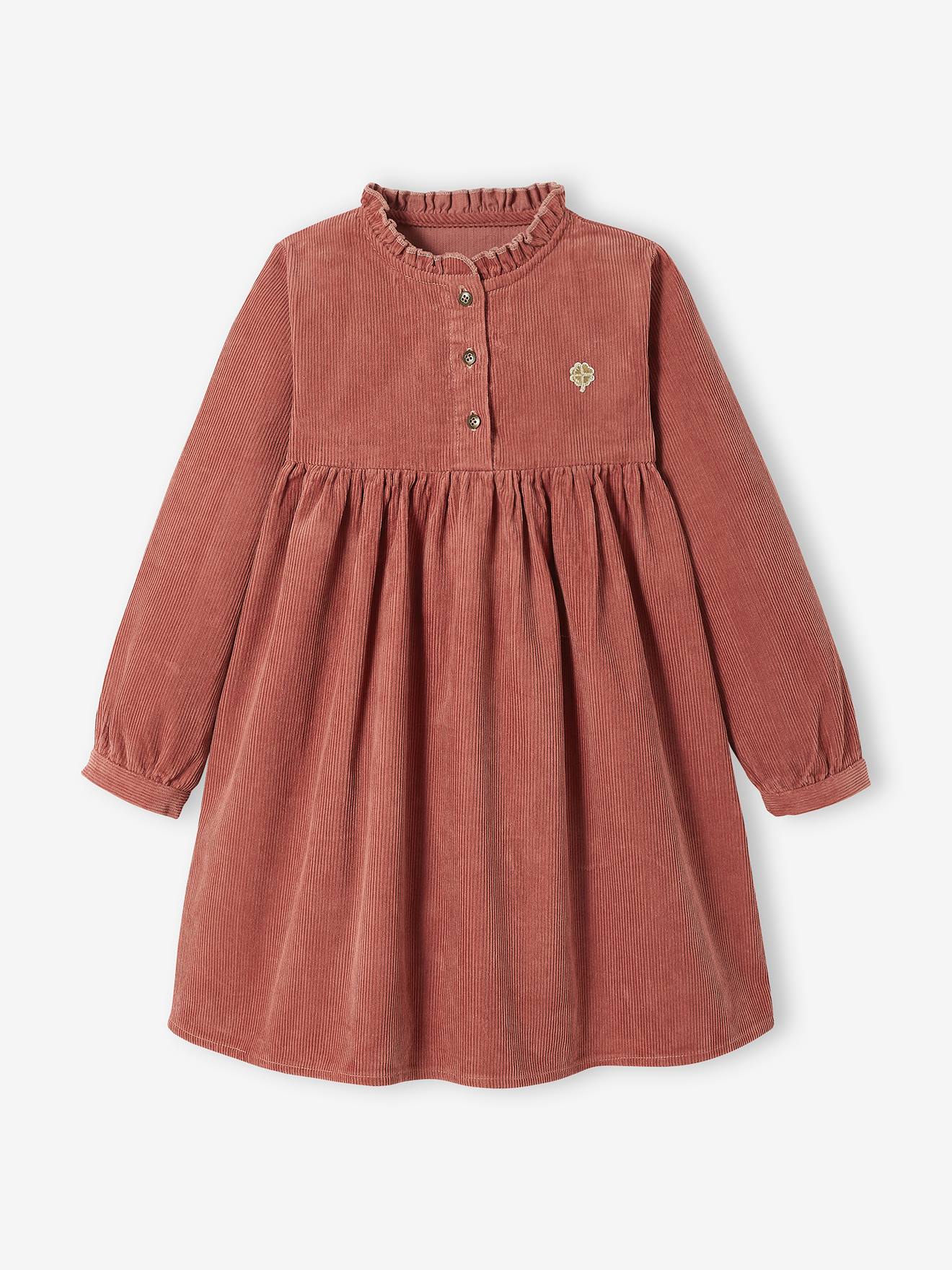 Vestido de veludo cotelê com babado, liso, marrom médio, para menina.