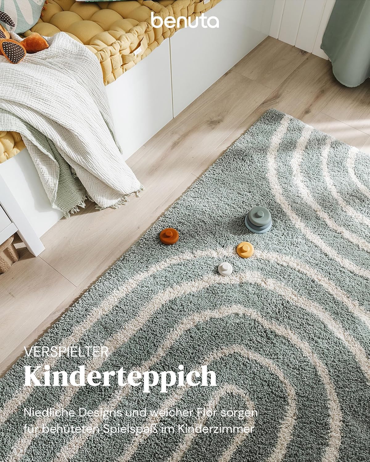 benuta Lytte Kinderteppich Gobi - Blau 120x170 cm - Kunstfaser - Rechteckig & im Style: Streifen, Scandi Living - Pflegeleicht für Kinderzimmer, Wohnzimmer, Schlafzimmer