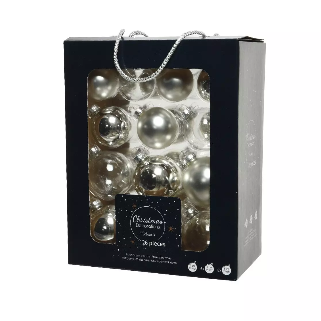 Lot de 26 boules de Noël (D70 mm) (D60 mm) (D50 mm) Cristal Argent