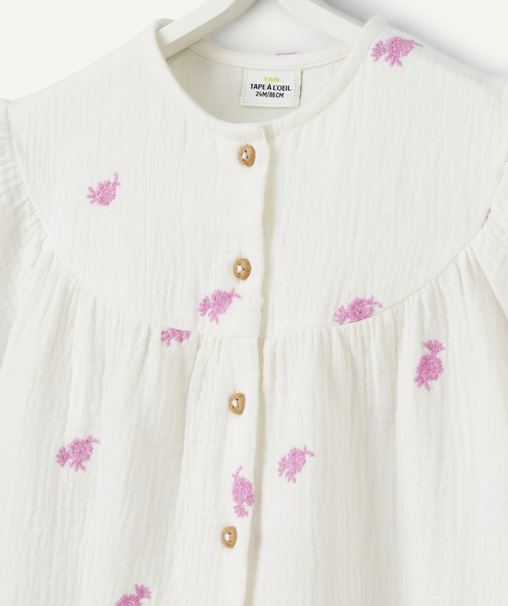 blouse bébé fille en gaze de coton blanche avec broderies violettes