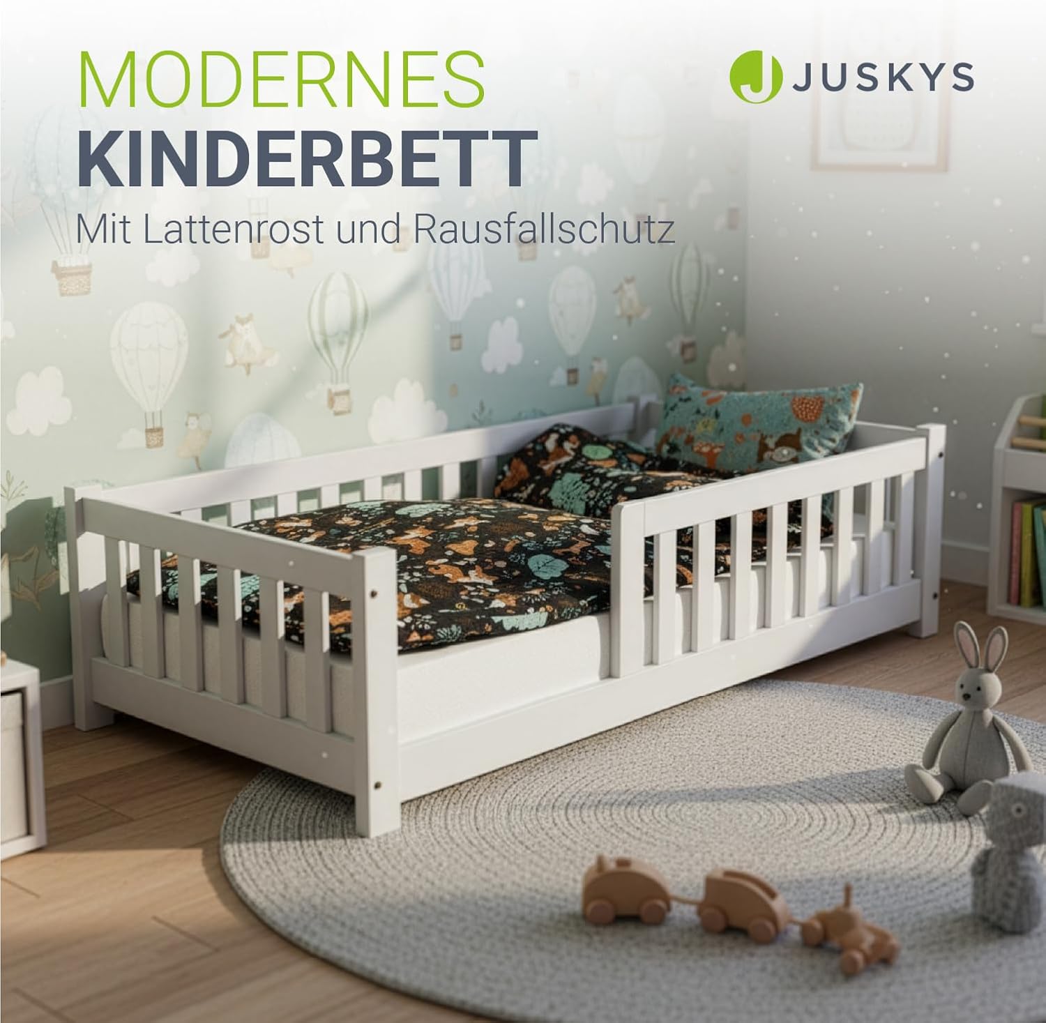 Juskys Kinderbett Naya - 90x200 cm Bett mit Rausfallschutz & Lattenrost - Holz Bodenbett für Kinder 3-10 Jahre - modernes Bettgestell Weiß