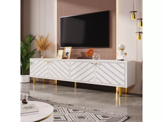 Banc TV avec quatre portes,poignées et pieds en métal doré,170x30x60 cm,Blanc