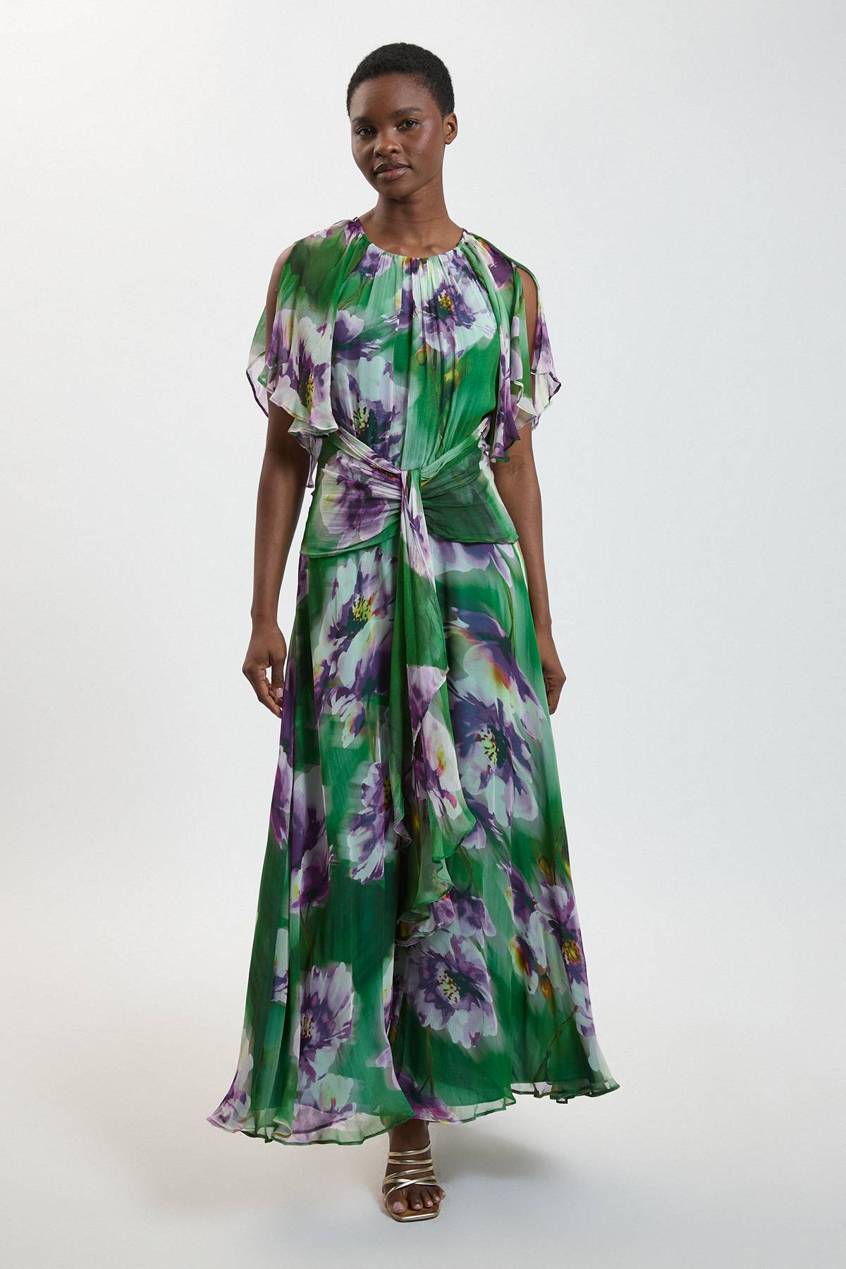 KarenMillen Robe Maxi Fluide À Imprimé Floral En Viscose Georgette Avec Manches Cape Et Volants