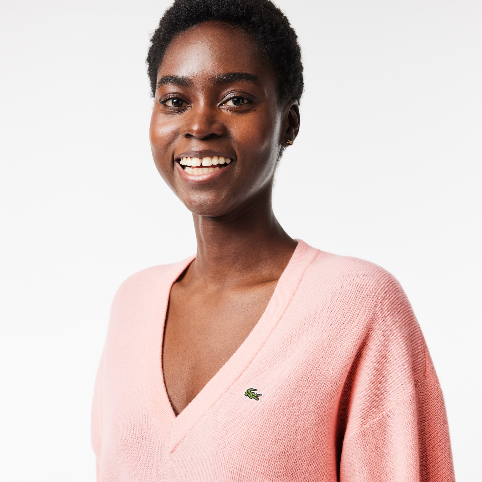 Pull femme Lacoste col en V uni en laine Pullovers - Rose - Lacoste - Femme