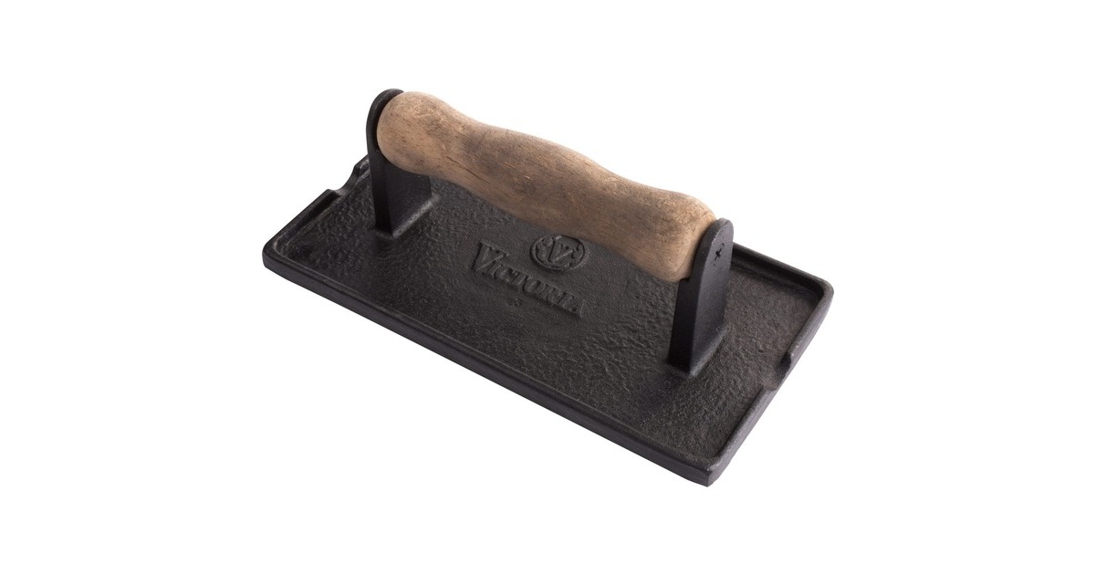 VictoriaGietijzeren bacon en vlees pers met houten handvat, seasoned  (21 x 11 cm)