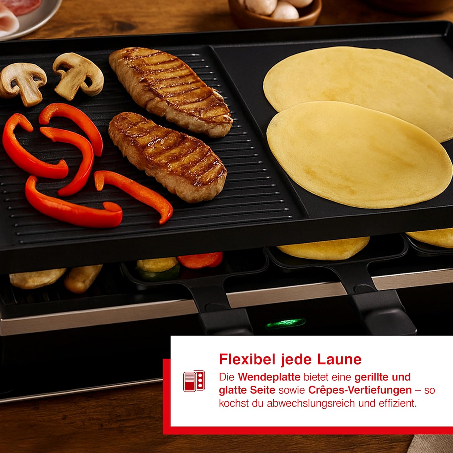 Solis 3-in-1 Combi Grill – Elektro Tischgrill mit Raclette, Grill & Crêpe-Funktion, für bis zu 10 Personen, 53x24 cm Antihaft-Grillplatte, Thermostat, inkl. Pfännchen & Schaber, PFAS-frei