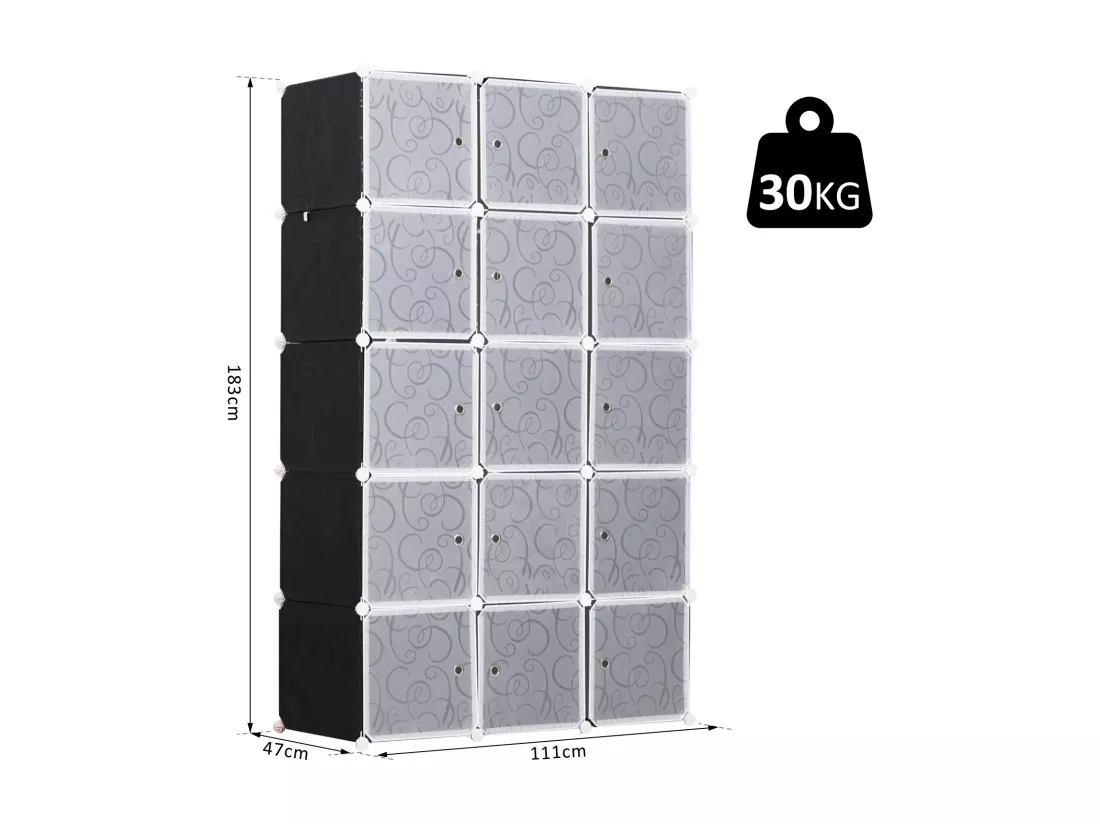 Garde robe armoire à vêtements L 111 x l 47 x H 183 cm modulable 15 cubes noir et blanc