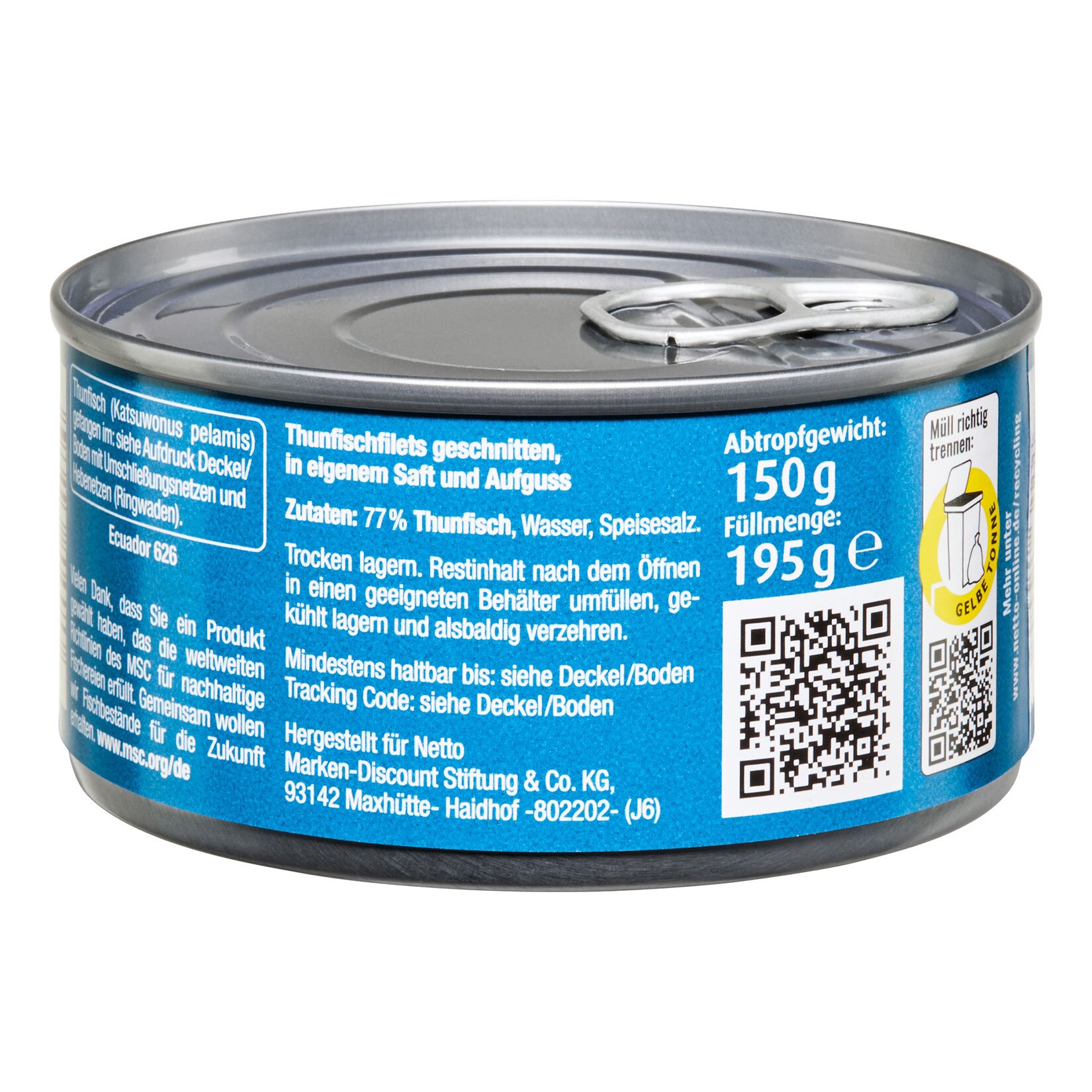 Dreimaster Thunfischfilet in eigenem Saft 150 g Abtropfgewicht, 48er Pack