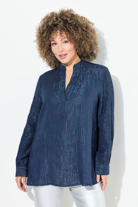 Bluse, Metallic-Streifen, A-Linie, V-Ausschnitt, Langarm