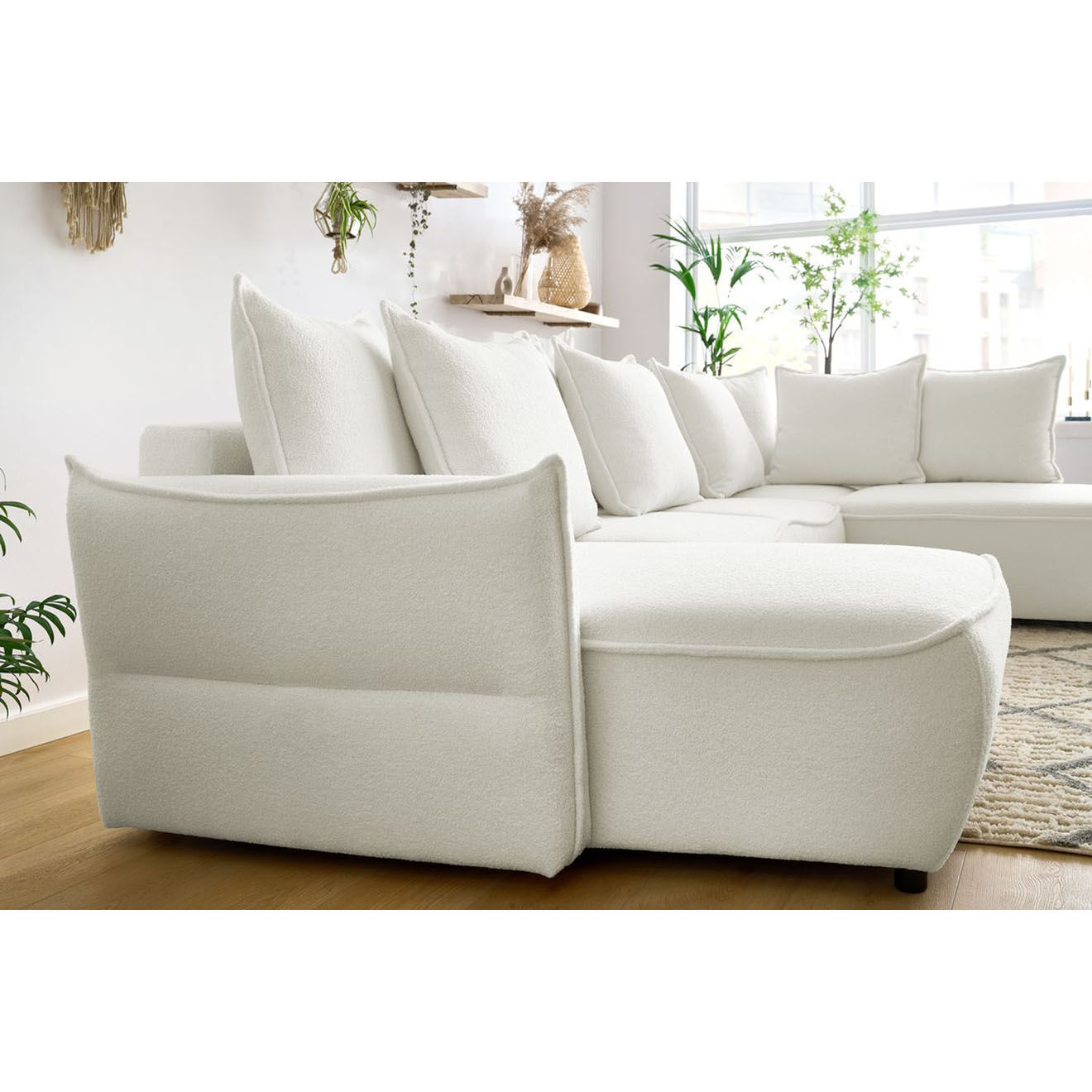Bobochic Canapé panoramique convertible coffre d'angle gauche bouclette léon blanc - 320x194x90 cm
